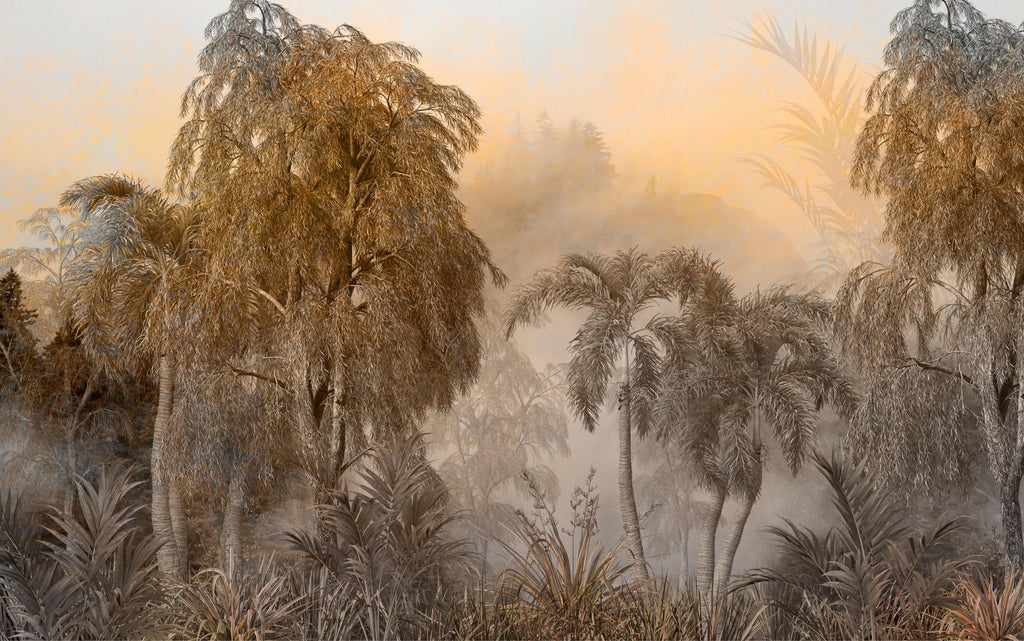Amber Canopy, peel and stick wallpaper, golden light filters through tropical trees and palms, creating a warm, misty