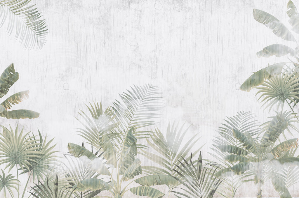 Palm Whisper, peel and stick wallpaper, a tranquil tropical backdrop with soft palm leaves fading into a textured neutral
