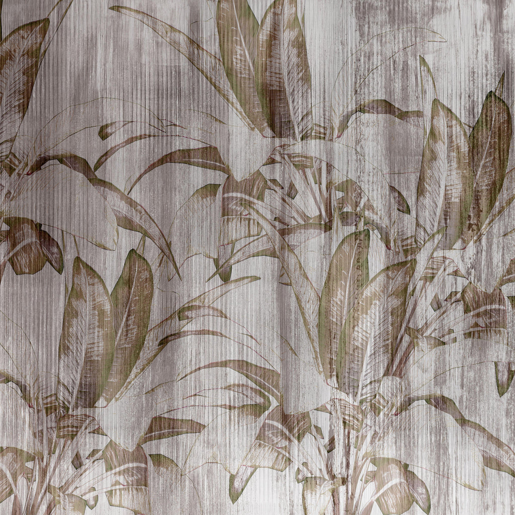 Rustic Tropics, peel and stick wallpaper, warm earthy tones and softly layered tropical leaves create a natural