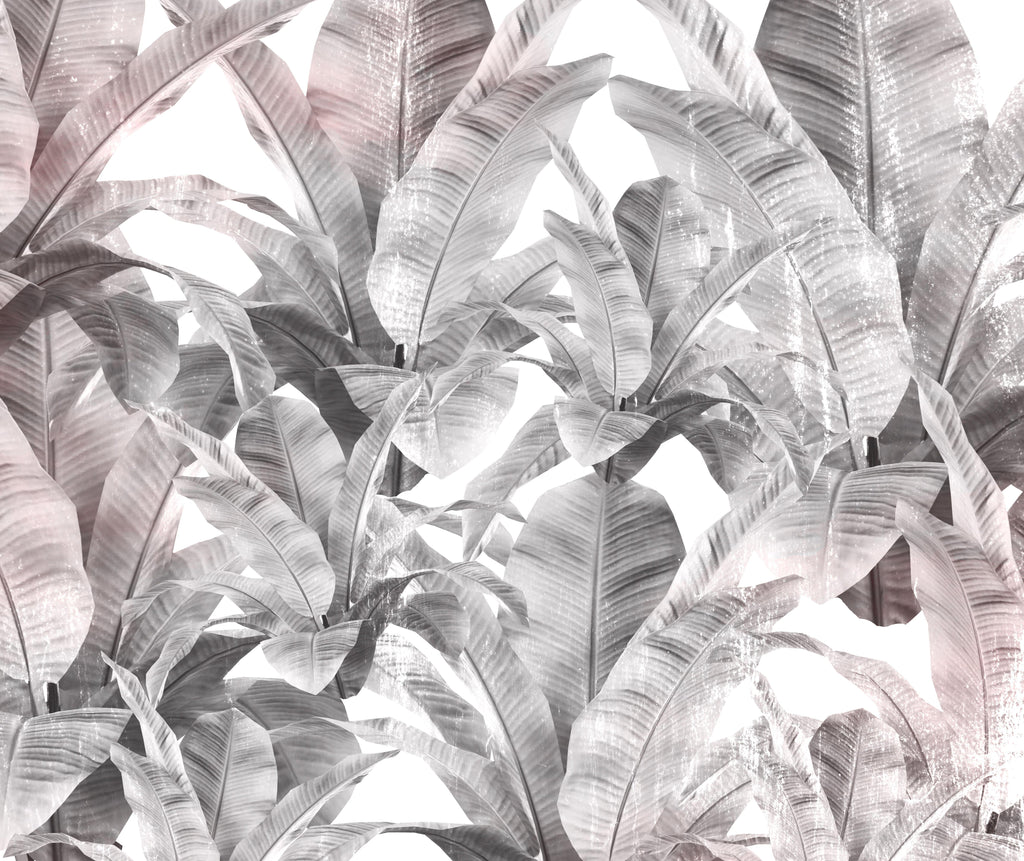 Silver Palms, peel and stick wallpaper, elegant tropical leaves rendered in soft monochrome tones create a modern