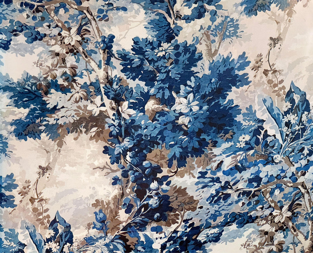 Indigo Grove, peel and stick wallpaper, classic botanical branches and layered foliage in rich blue tones