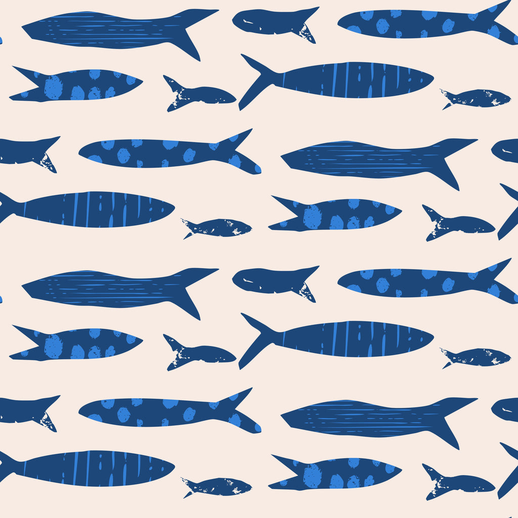 Ocean Shoal, peel and stick wallpaper, fish-pattern wallpaper featuring stylized navy blue silhouettes swimming