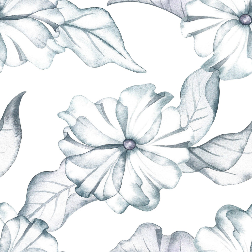 Magnolia Sketch wallpaper with blue-grey blooms on white