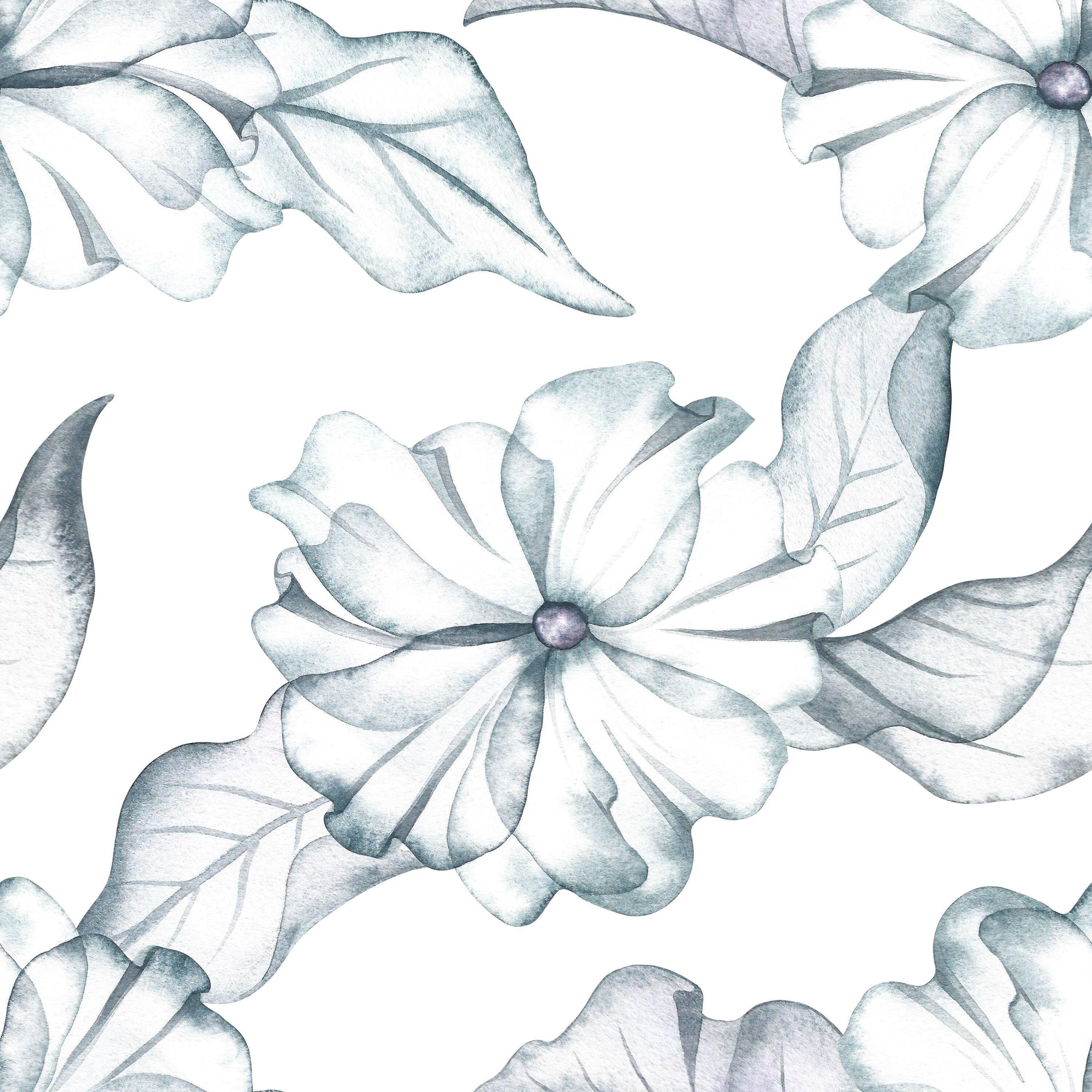 Magnolia Sketch wallpaper with blue-grey blooms on white