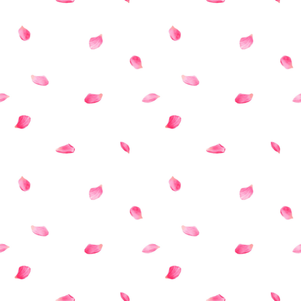 Rose Scatter, peel and stick wallpaper, small rosy petals drift across a clean pale background, forming a simple