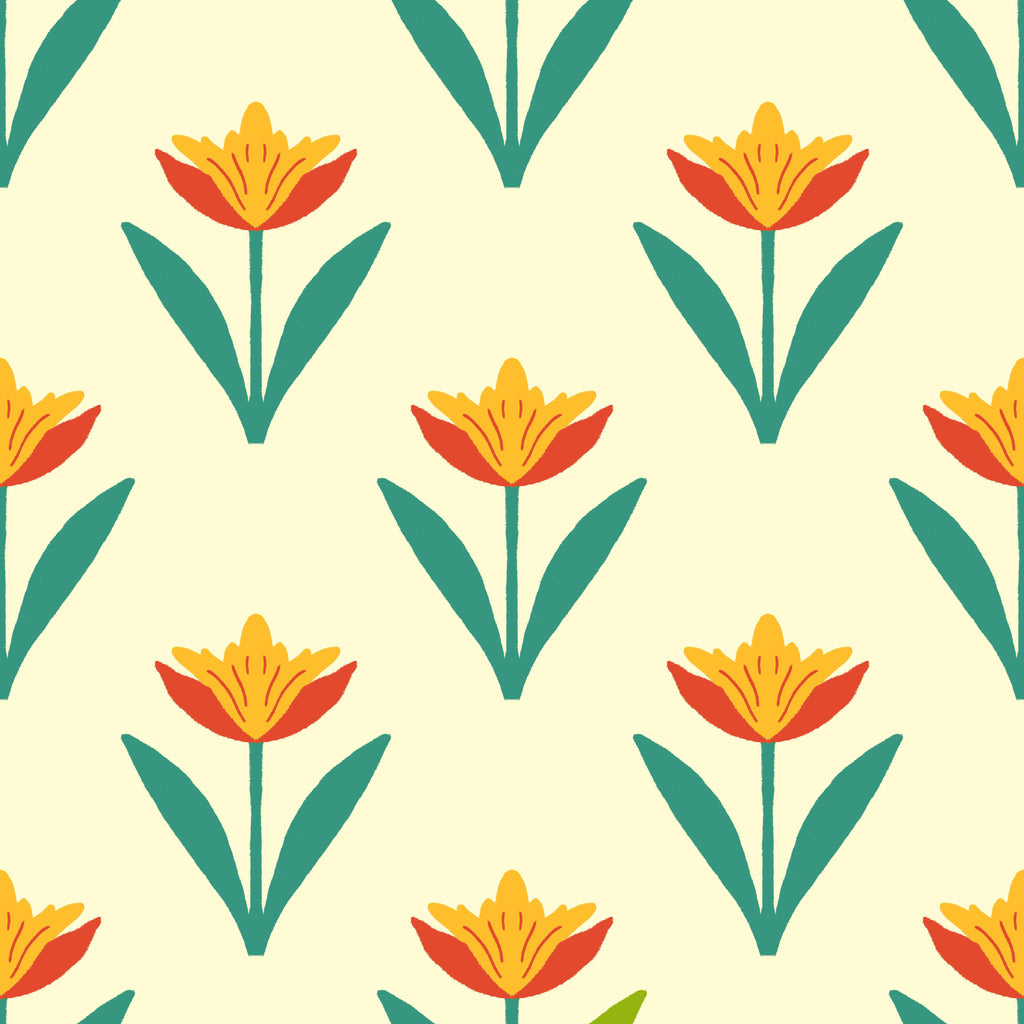 Golden Tulips, peel and stick wallpaper, stylized tulip blooms in warm golden yellow and coral rise from deep green leaves