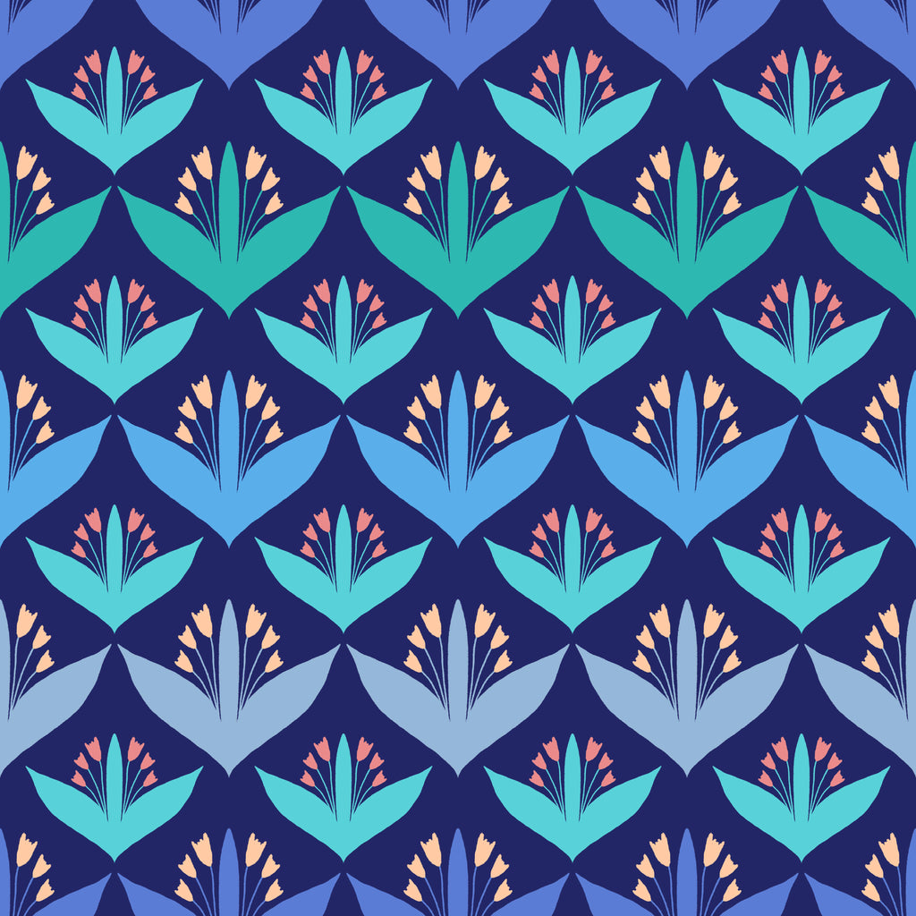 Petal Geometry, peel and stick wallpaper, stylized floral shapes repeat in a clean geometric arrangement, combining