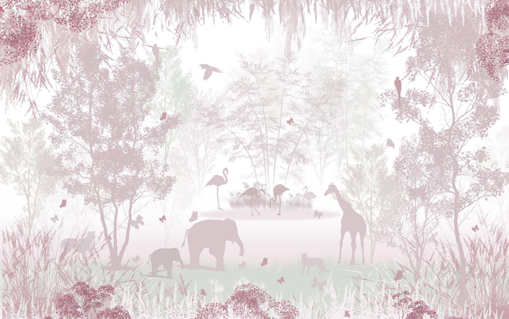 Blush Safari, peel and stick wallpaper, delicate forest silhouettes and gentle wildlife forms create a dreamy landscape
