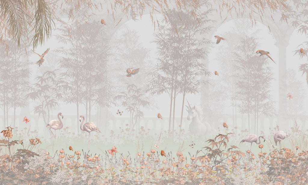 Enchanted Meadow, peel and stick wallpaper, soft woodland scenery filled with flamingos, butterflies, and gentle foliage