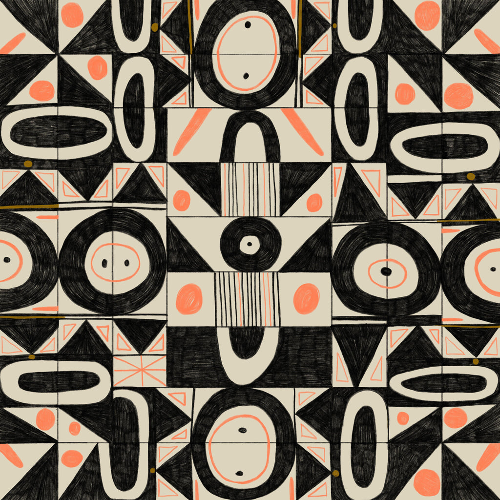 Coral Geometry, peel and stick wallpaper, hand-drawn geometric motifs repeat in a bold, mid-century rhythm