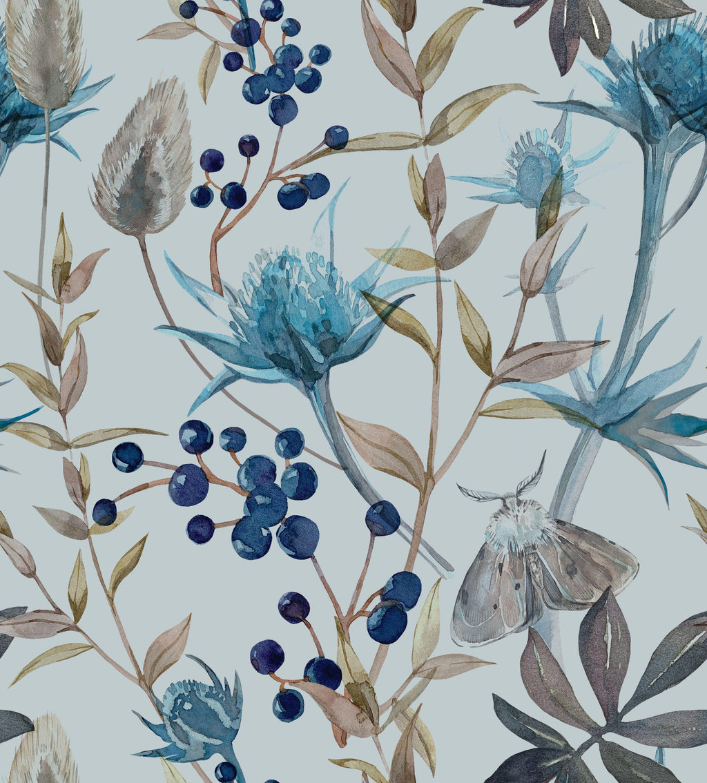 Meadow Moth, peel and stick wallpaper, soft watercolor florals, berries, and a delicate moth create a tranquil