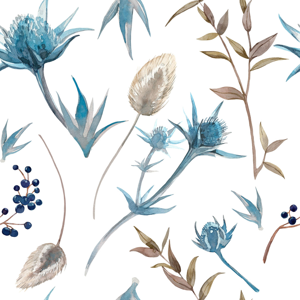 Wild Botanica, peel and stick wallpaper, hand-painted botanical elements drift across a soft background