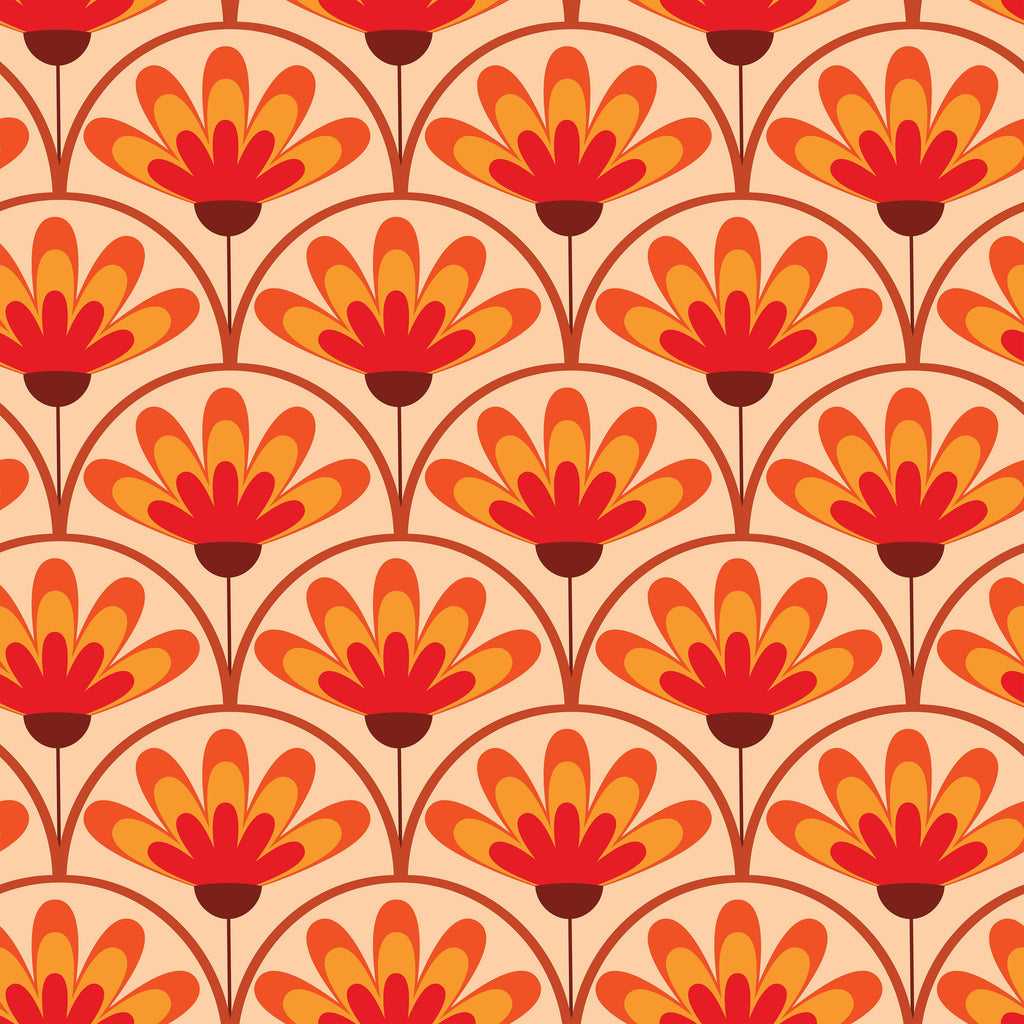 Sunset Blooms, peel and stick wallpaper, stylized floral fans in vibrant orange, red, and golden tones repeat