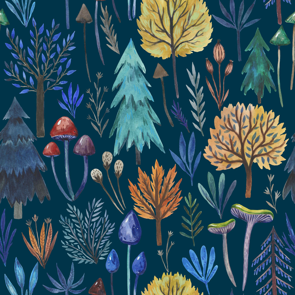 Woodland Whimsy, peel and stick wallpaper, hand painted trees, leaves, and mushrooms create a magical forest