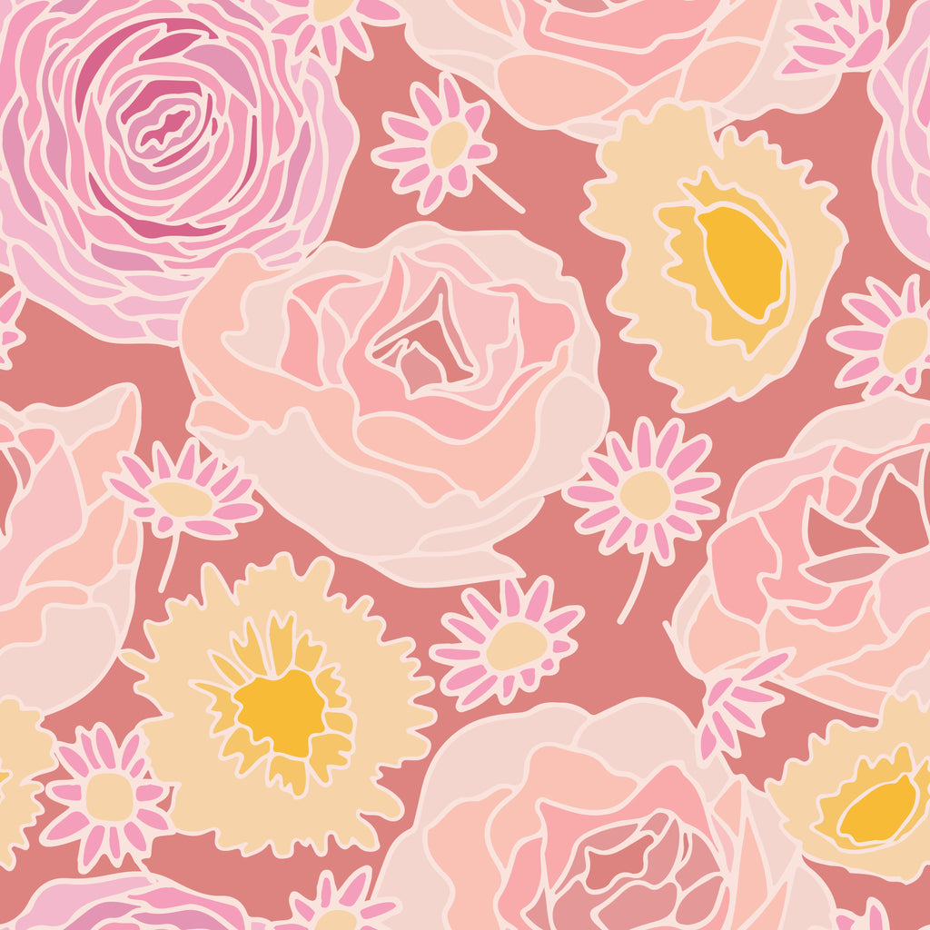 Rosy Bouquet, peel and stick wallpaper, soft illustrated blossoms in warm pink and peach tones spread across the surface