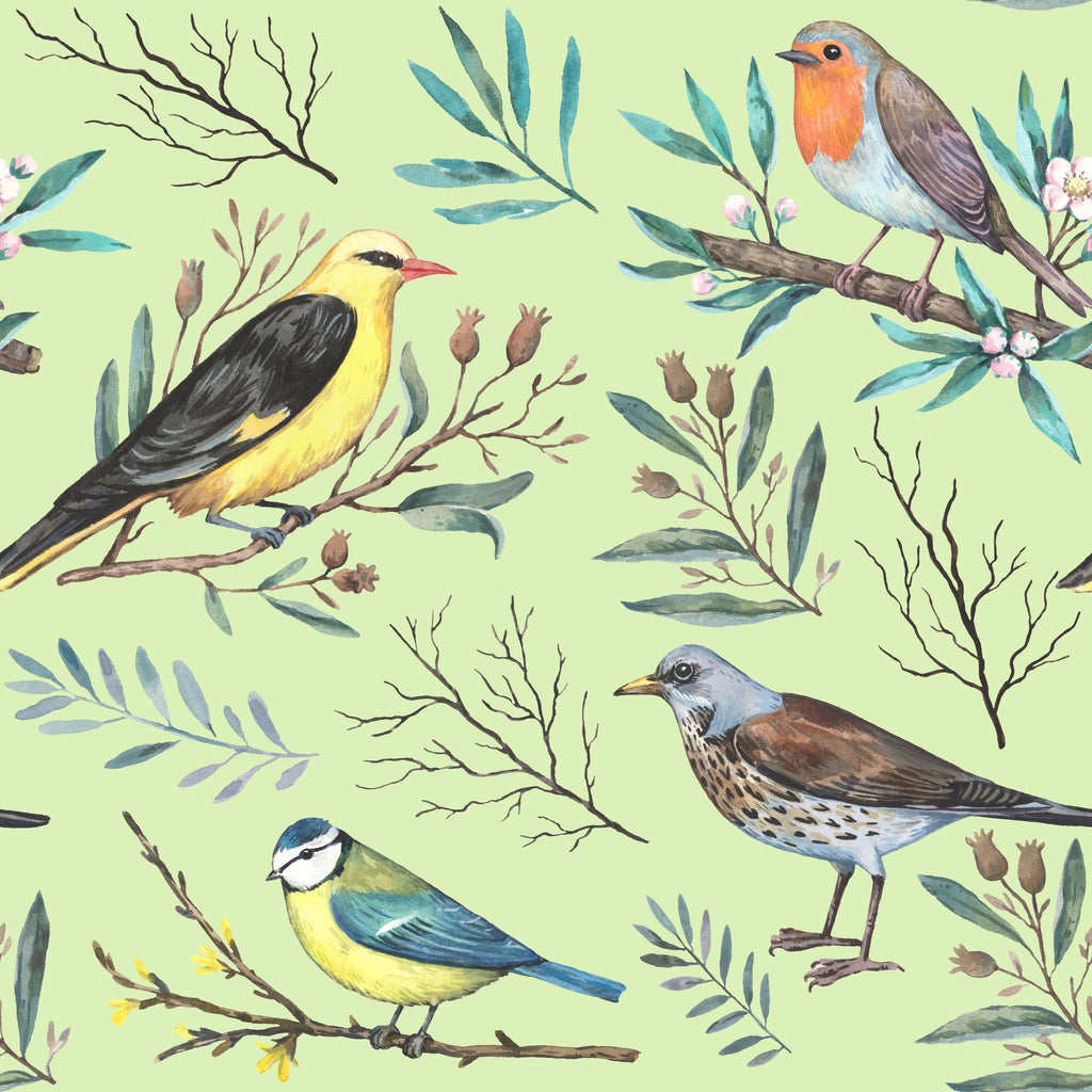 Garden Songbirds, peel and stick wallpaper, charming watercolor songbirds perch among delicate branches and leaves