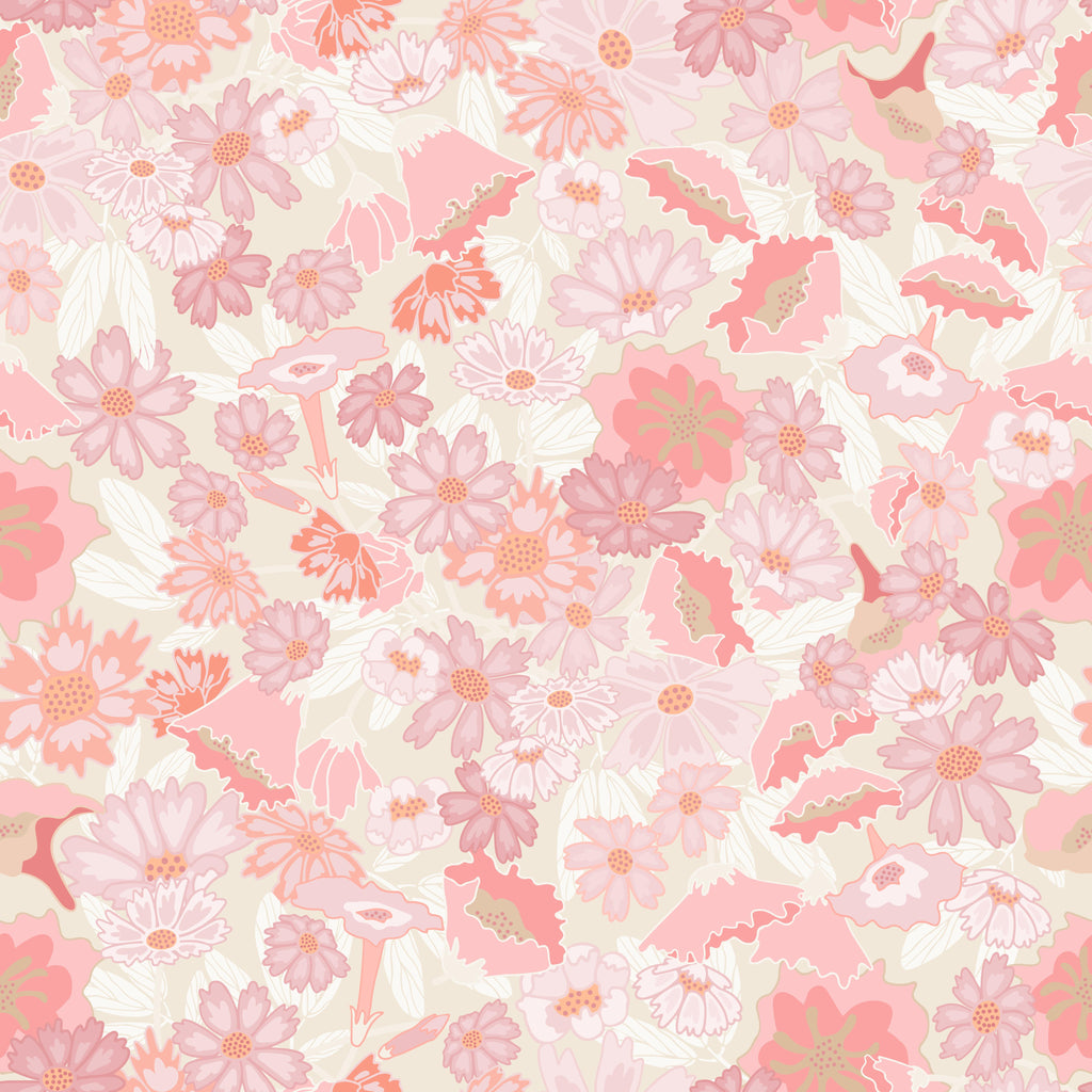 Petal Meadow, peel and stick wallpaper, charming floral wallpaper filled with layered blossoms, leaves, and soft botanical