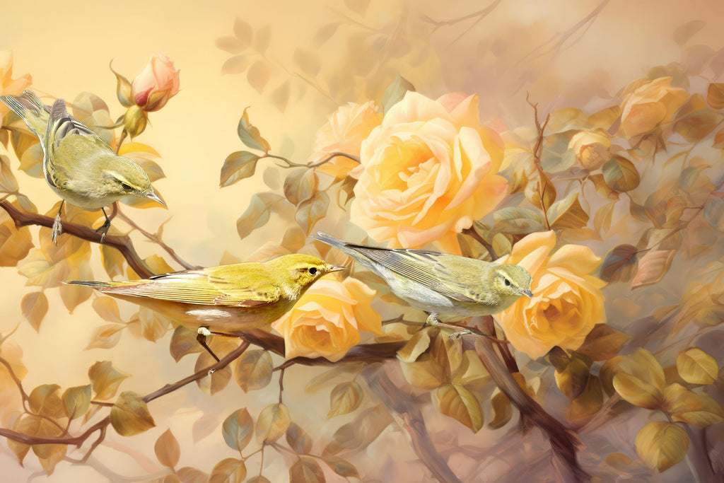 Golden Songbirds, peel and stick wallpaper, softly painted birds perch among blooming roses in a warm, dreamy garden scene