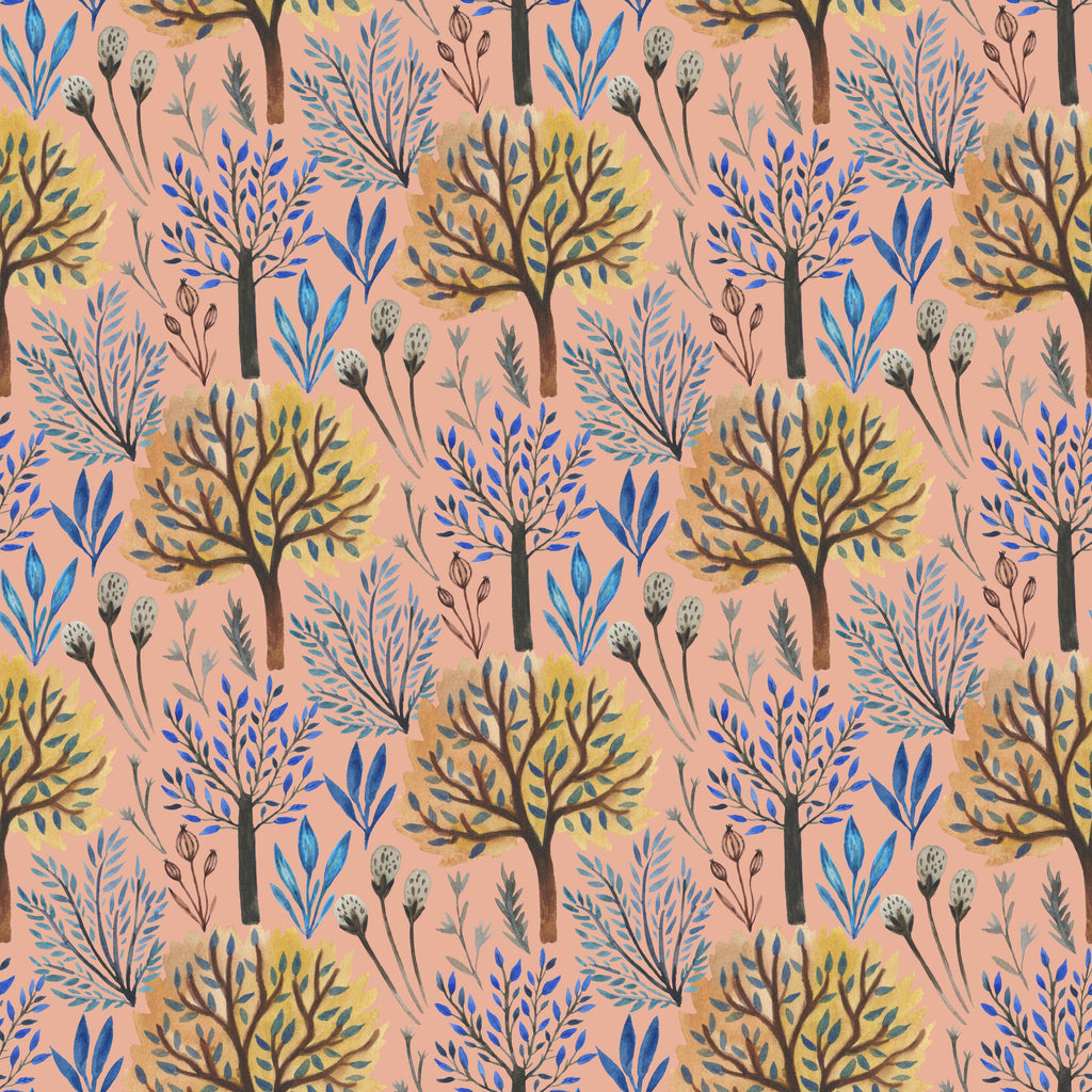 Autumn Grove, peel and stick wallpaper, hand painted trees and delicate foliage repeat across a warm background