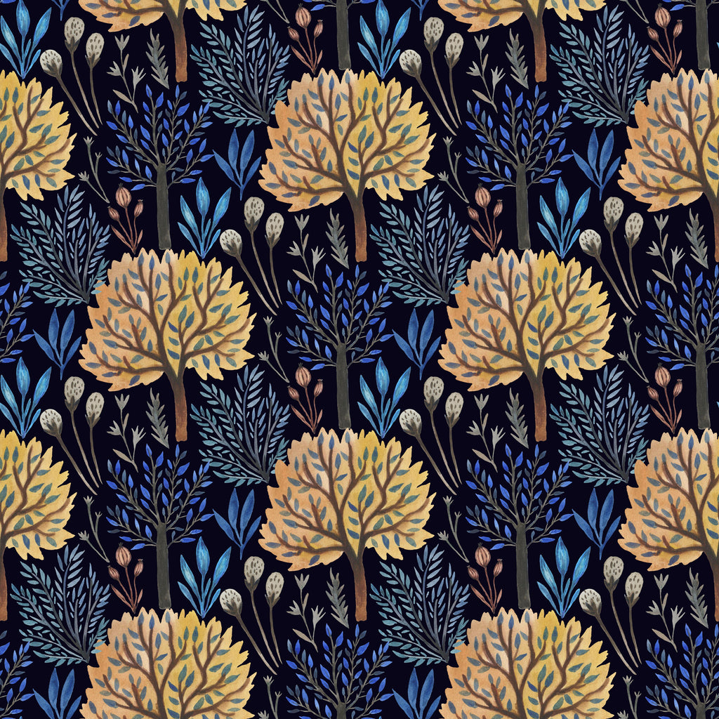 Midnight Forest, peel and stick wallpaper, golden trees and delicate botanical shapes glow against a deep background