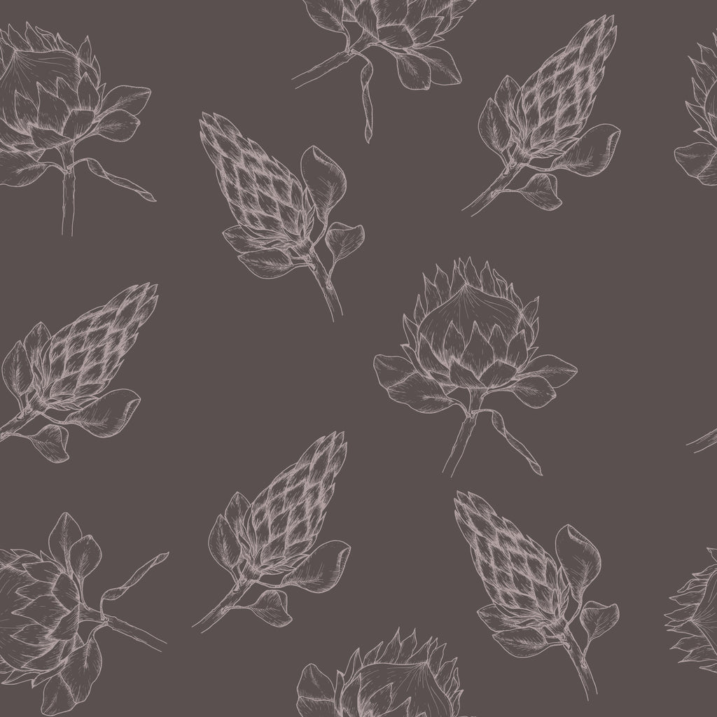 Cocoa Botanicals, peel and stick wallpaper, elegant botanical line drawings repeat across a rich cocoa background