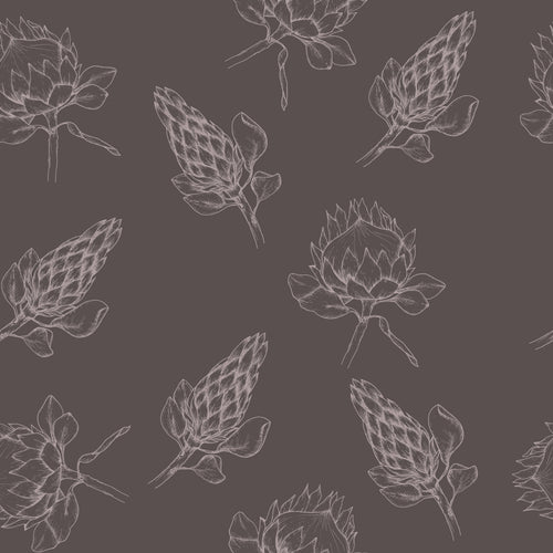 Cocoa Botanicals, peel and stick wallpaper, elegant botanical line drawings repeat across a rich cocoa background
