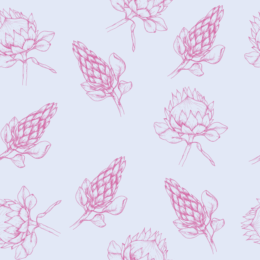 Blush Botanicals, peel and stick wallpaper, soft pink botanical sketches float across a cool pastel background