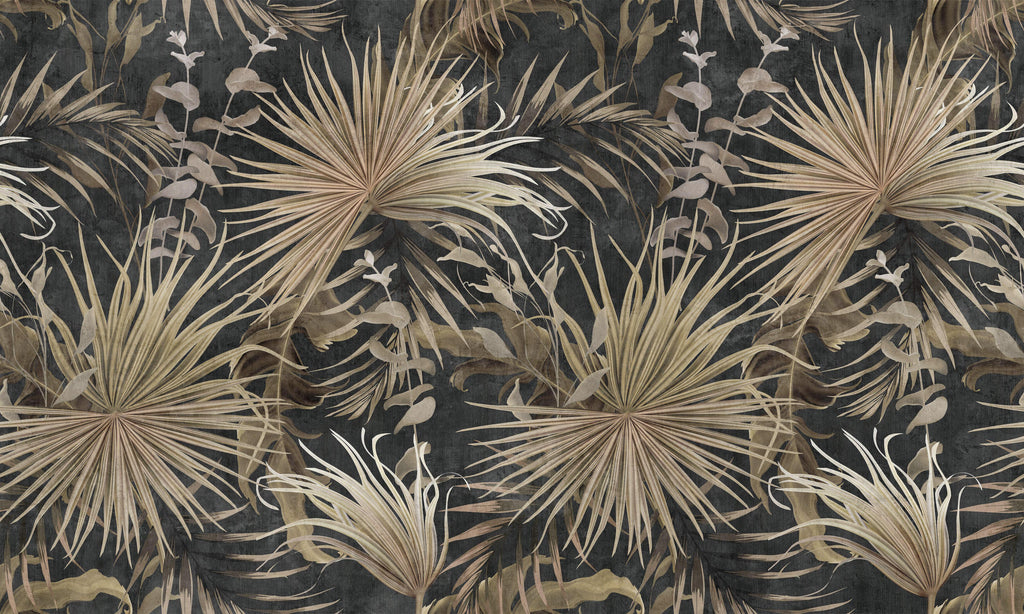 Golden Fronds, peel and stick wallpaper, bold palm fronds in warm golden tones spread across a deep textured background