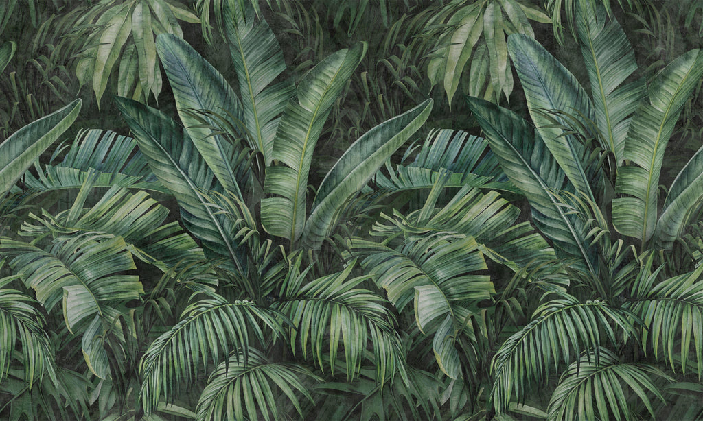 Jungle Layers, peel and stick wallpaper, dense tropical foliage in deep green tones creates a rich, immersive botanical