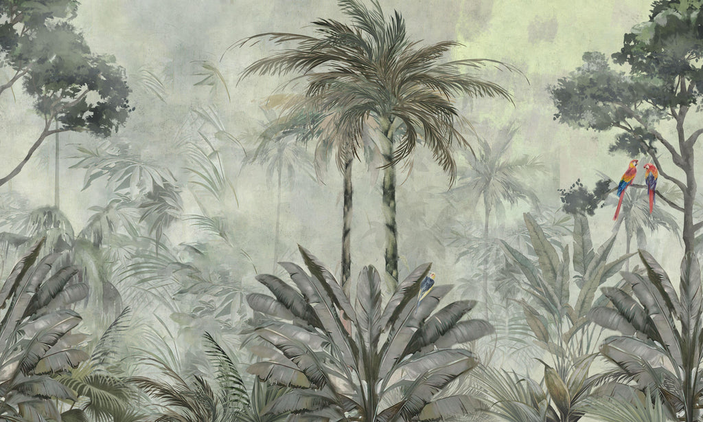 Parrot Oasis, peel and stick wallpaper, soft tropical scenery with layered palm trees and lush foliage creates a peaceful