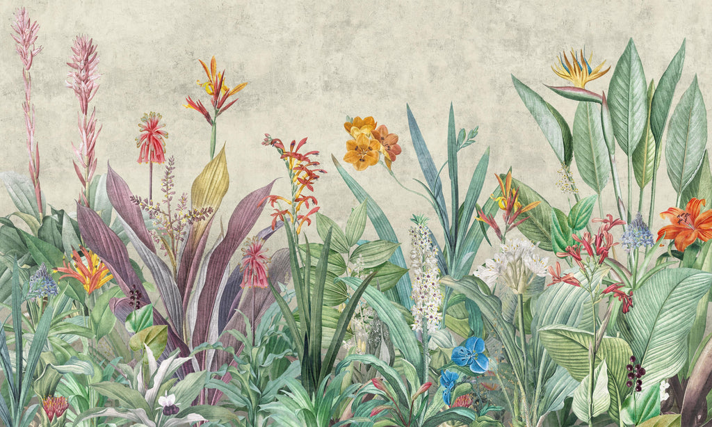 Botanical Garden, peel and stick wallpaper, a vibrant collection of tropical flowers and lush greenery forms a detailed