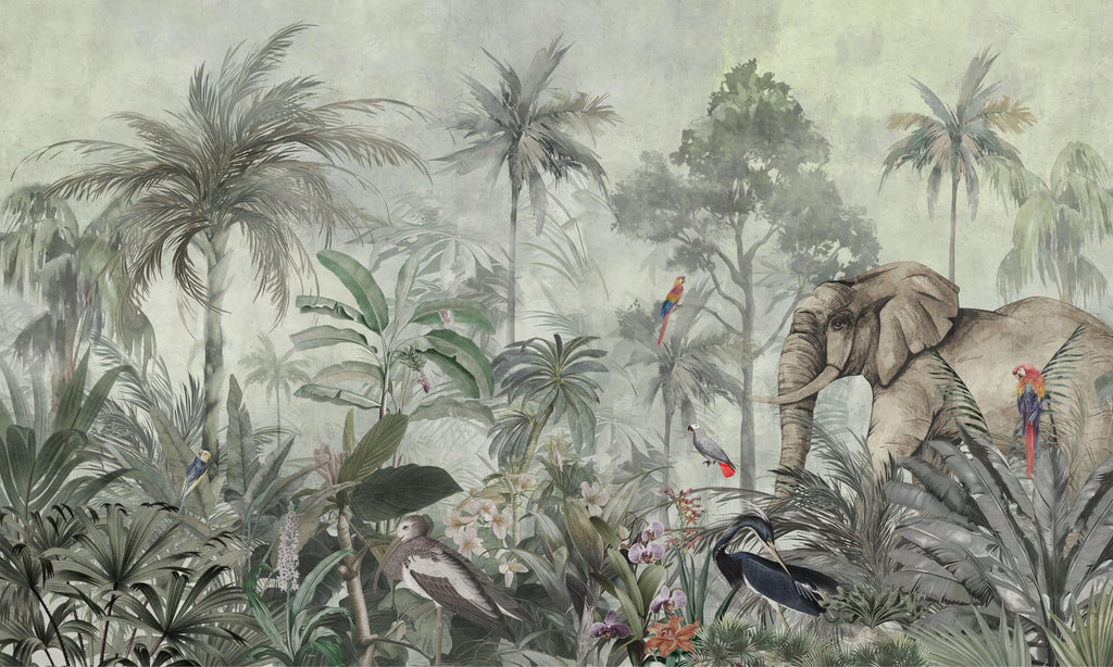 Jungle Majesty, peel and stick wallpaper, a serene tropical landscape featuring lush foliage, exotic birds, and a majestic