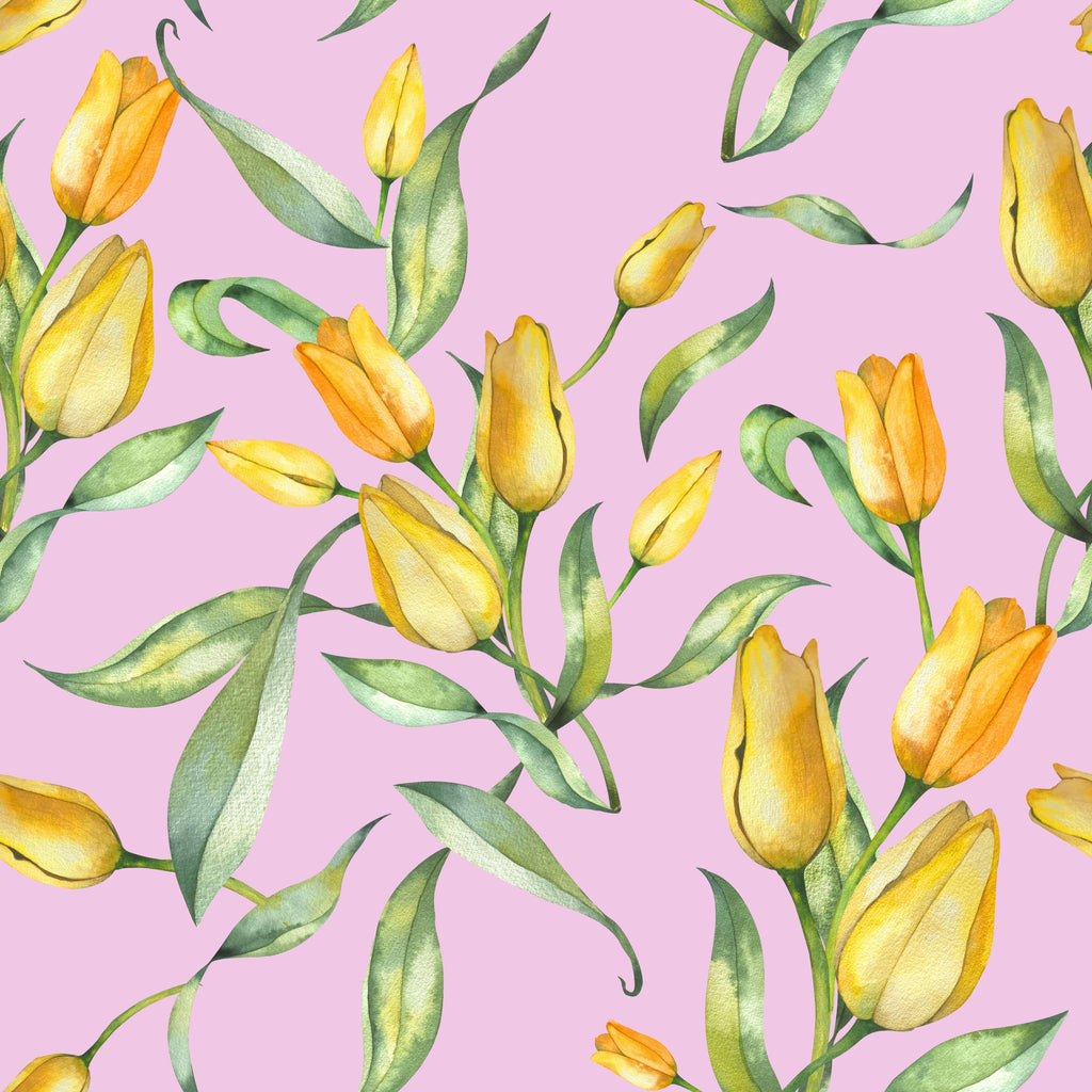 Tulip Breeze, peel and stick wallpaper, graceful yellow tulips and flowing green leaves spread across a soft pastel