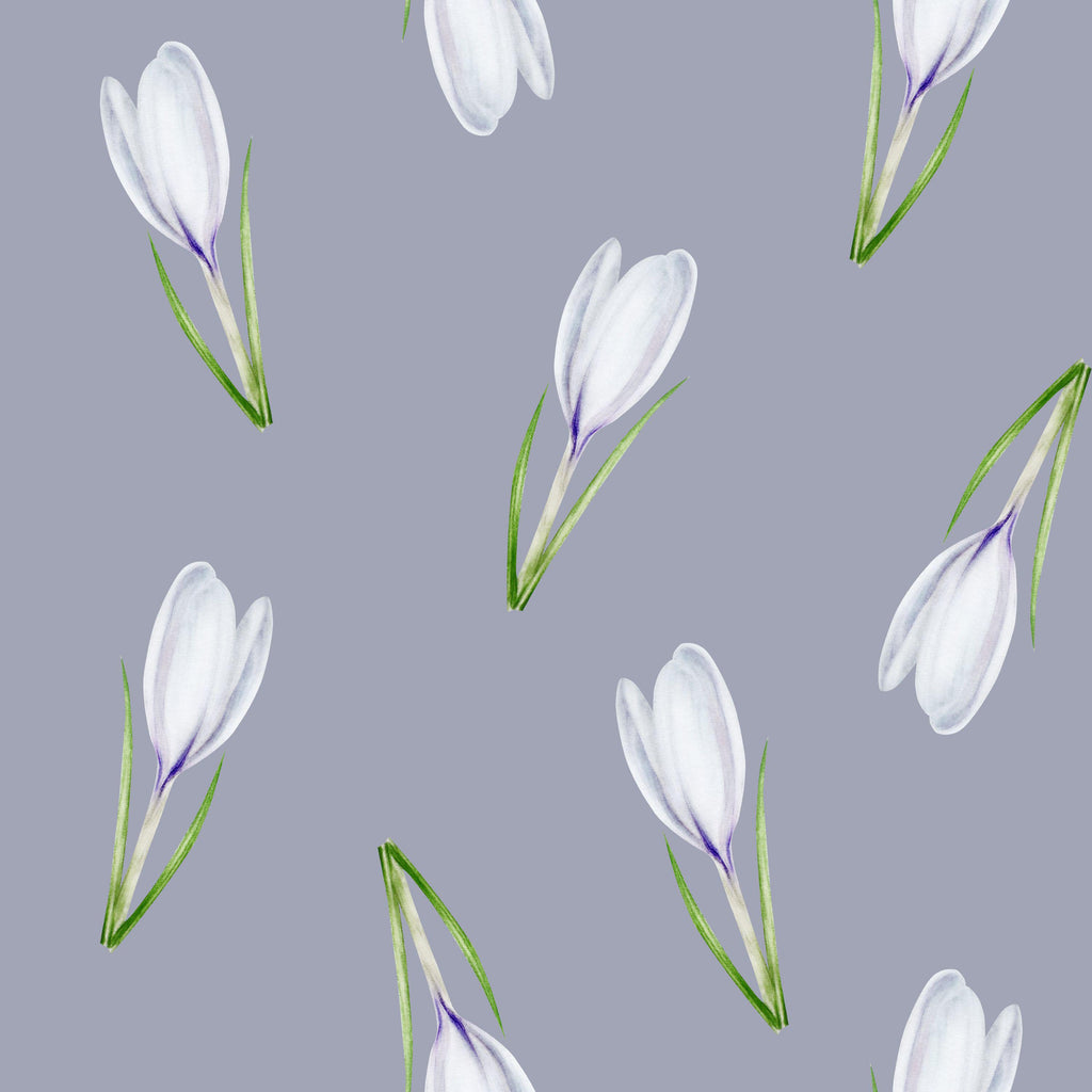 Crocus Calm, peel and stick wallpaper, delicate crocus blossoms float across a soft muted background, creating a peaceful
