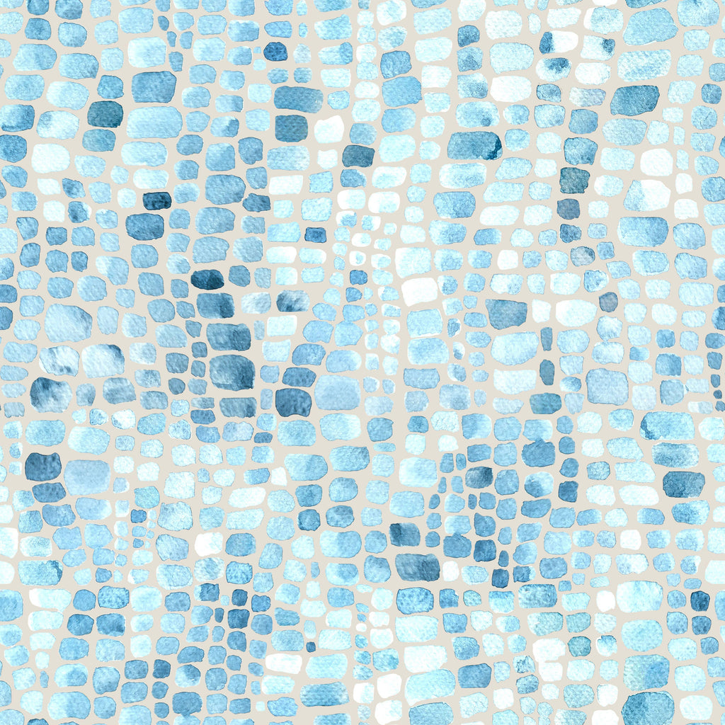 Azure Mosaic, peel and stick wallpaper, watercolor stone-like shapes in layered shades of blue form a soft mosaic pattern