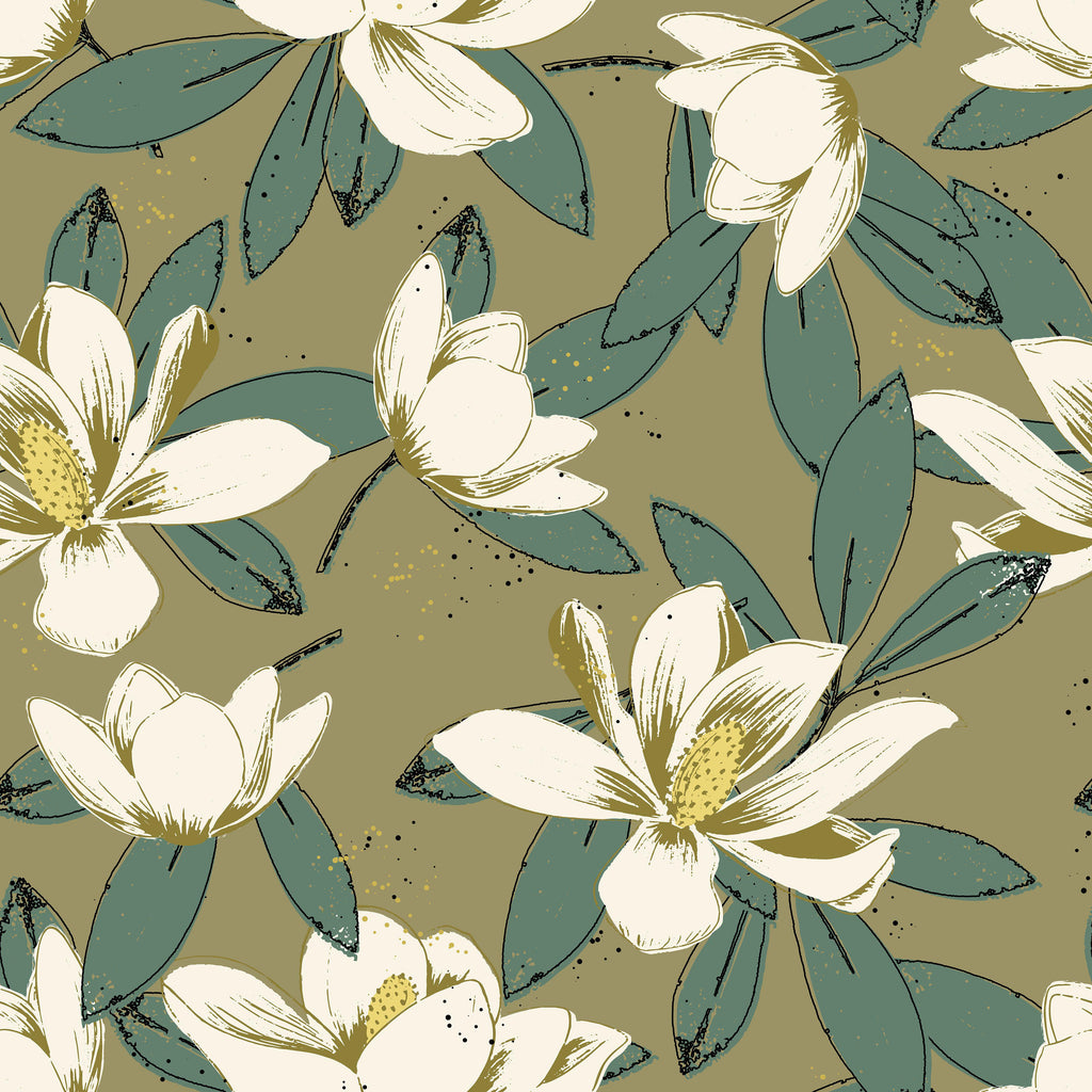 Magnolia Grove, peel and stick wallpaper, stylized magnolia blossoms and leafy branches spread across a warm earthy