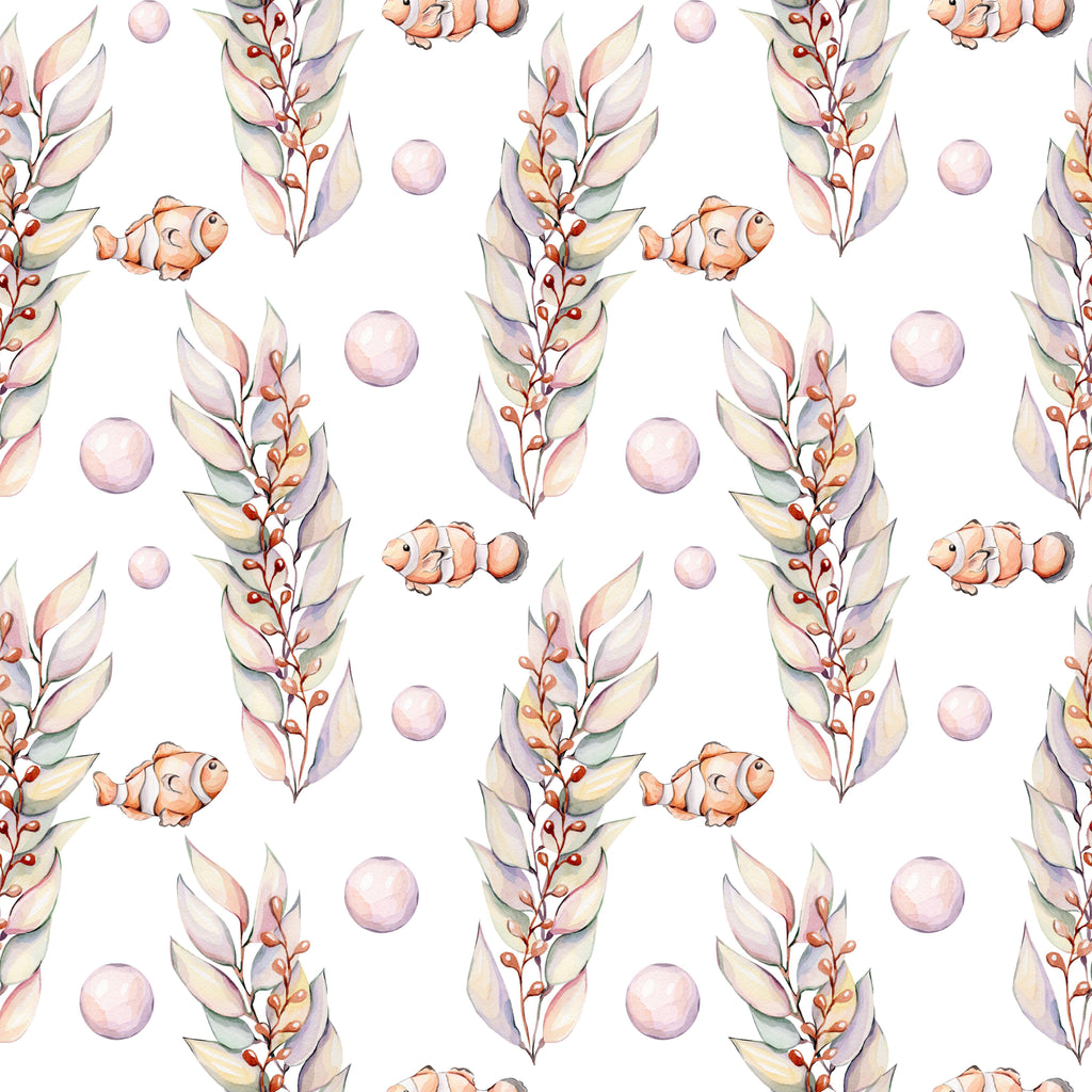 Coral Kelp, peel and stick wallpaper, soft watercolor seaweed fronds and playful clownfish drift