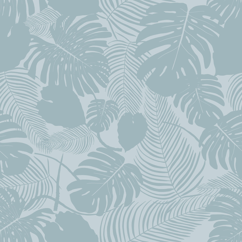 Misty Tropics, peel and stick wallpaper, layered tropical leaves in soft misty blue tones create a calm botanical