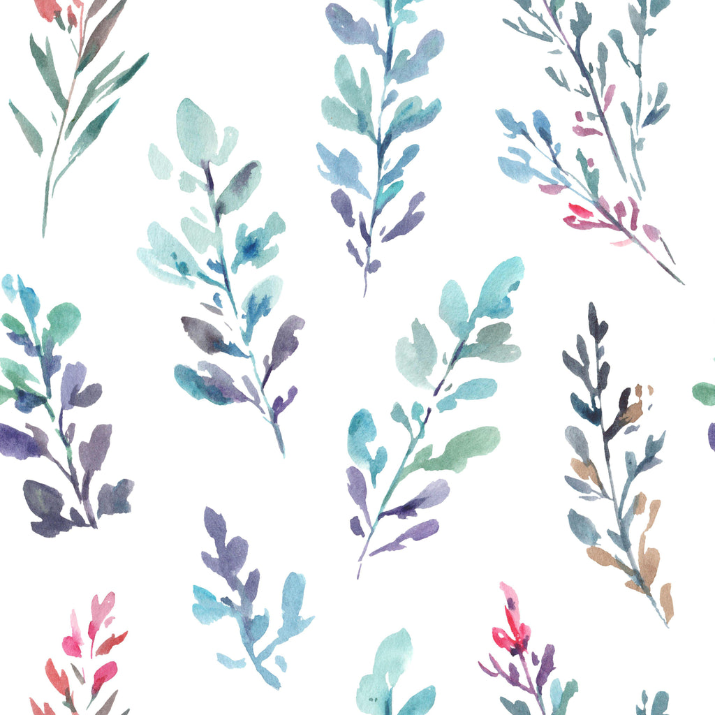 Watercolor Leaves, peel and stick wallpaper, delicate watercolor foliage drifts across a clean background, blending