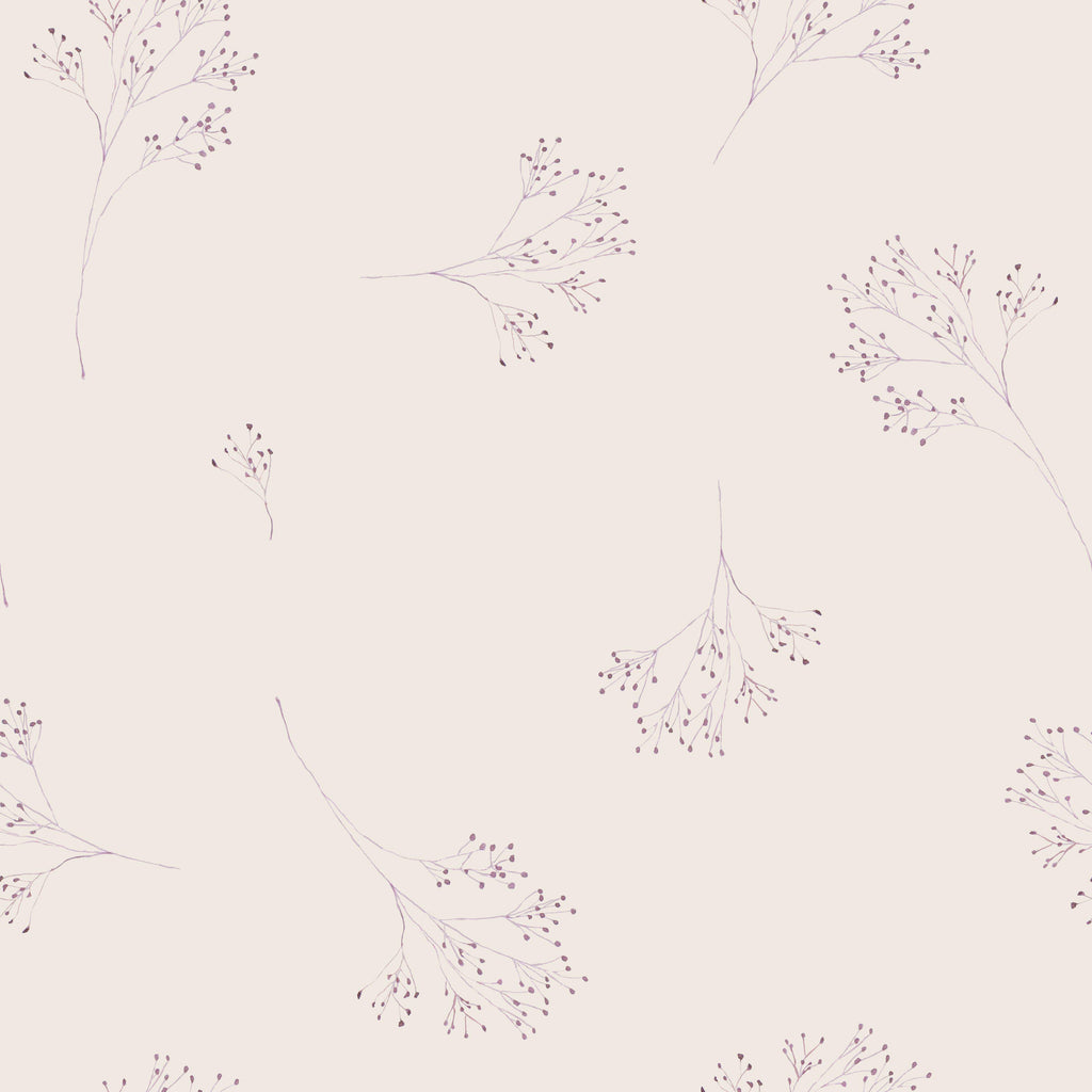 Delicate Sprigs, peel and stick wallpaper, fine botanical branches with tiny buds drift across a soft neutral background