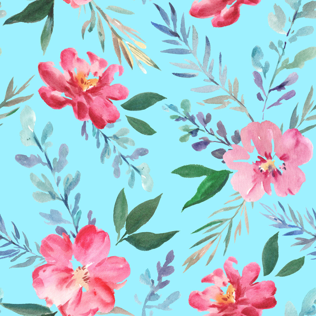 Coral Blossoms, peel and stick wallpaper, watercolor flowers in coral and pink tones bloom across a refreshing aqua