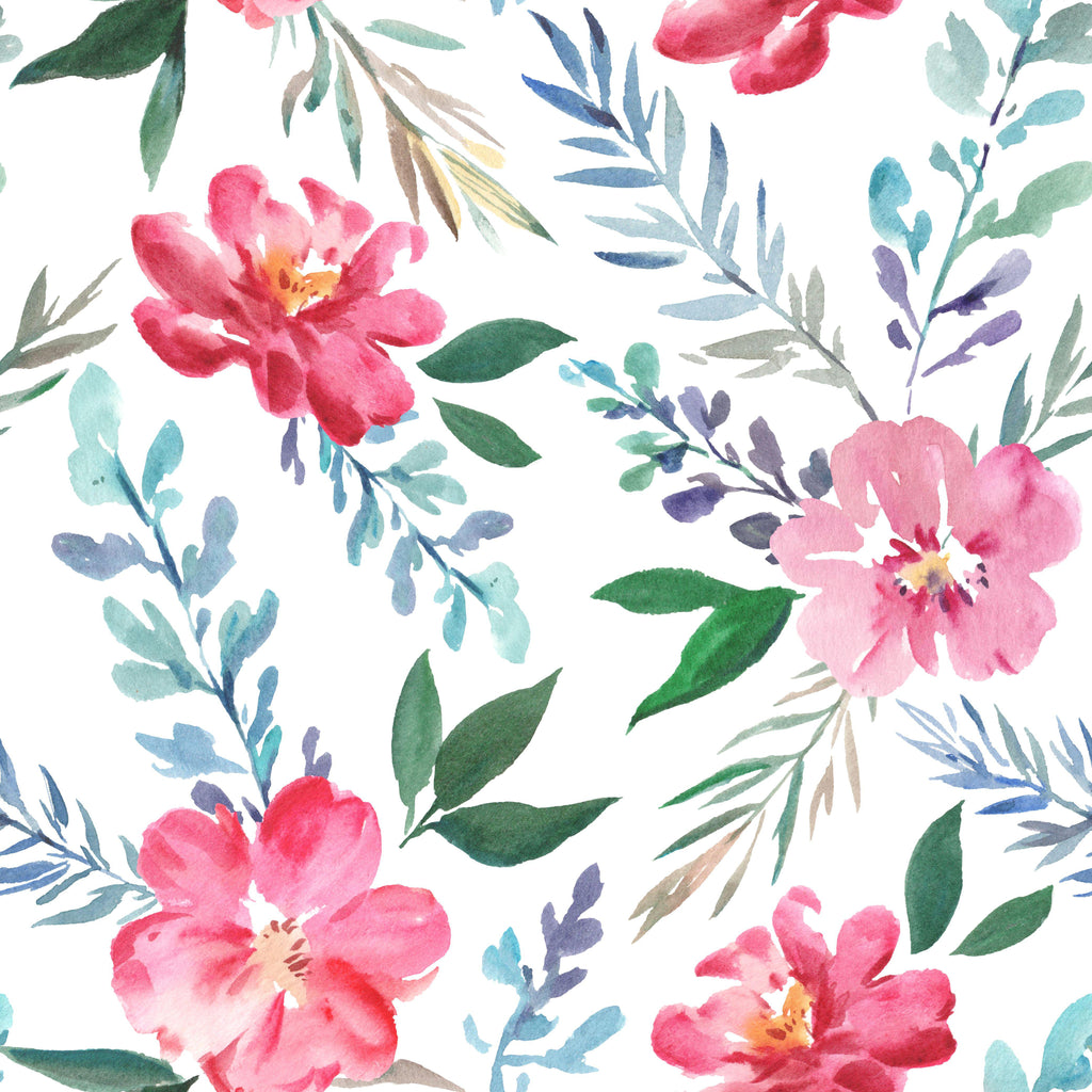 Blush Bloom, peel and stick wallpaper, soft watercolor blossoms in shades of pink and coral mingle with airy blue-green