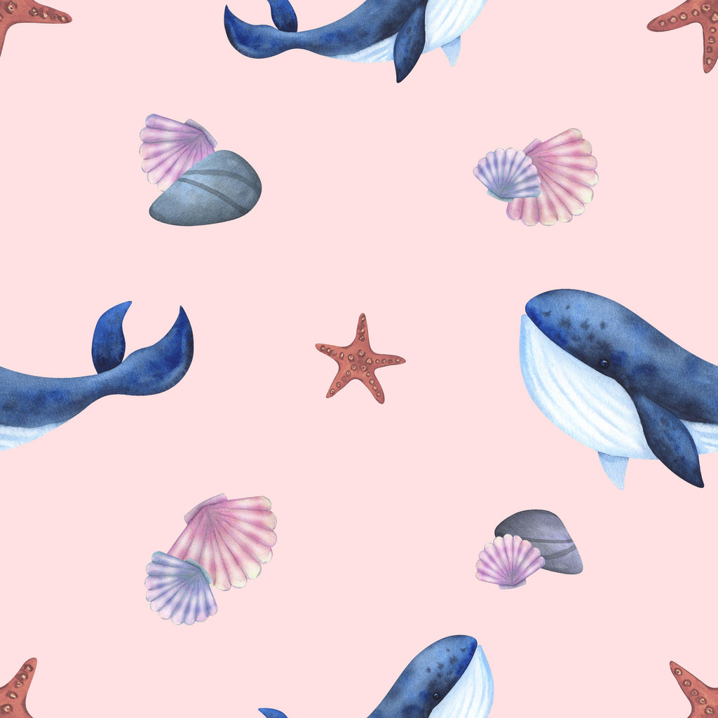 Whale Drift, peel and stick wallpaper, gentle whales, seashells, and starfish float across a soft blush background