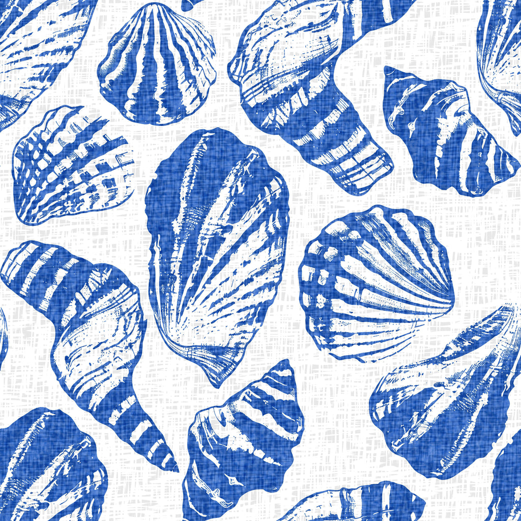 Ocean Shells, peel and stick wallpaper, shell-inspired wallpaper featuring hand-illustrated ocean treasures in a bold blue
