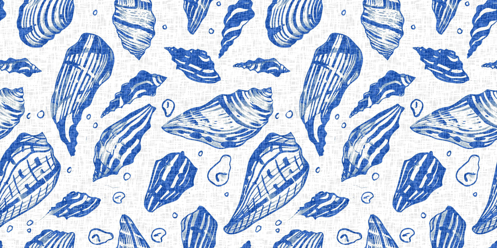 Coastal Impressions, peel and stick wallpaper, artistic shell pattern wallpaper featuring bold blue illustrations