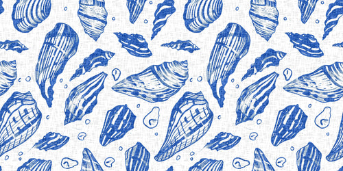 Coastal Impressions, peel and stick wallpaper, artistic shell pattern wallpaper featuring bold blue illustrations