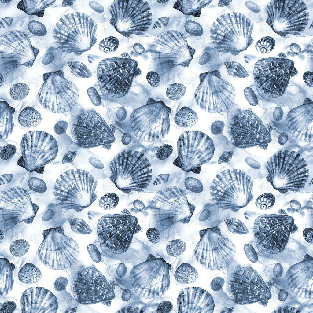 Tidal Shells, peel and stick wallpaper, watercolor shell wallpaper in layered ocean blue tones