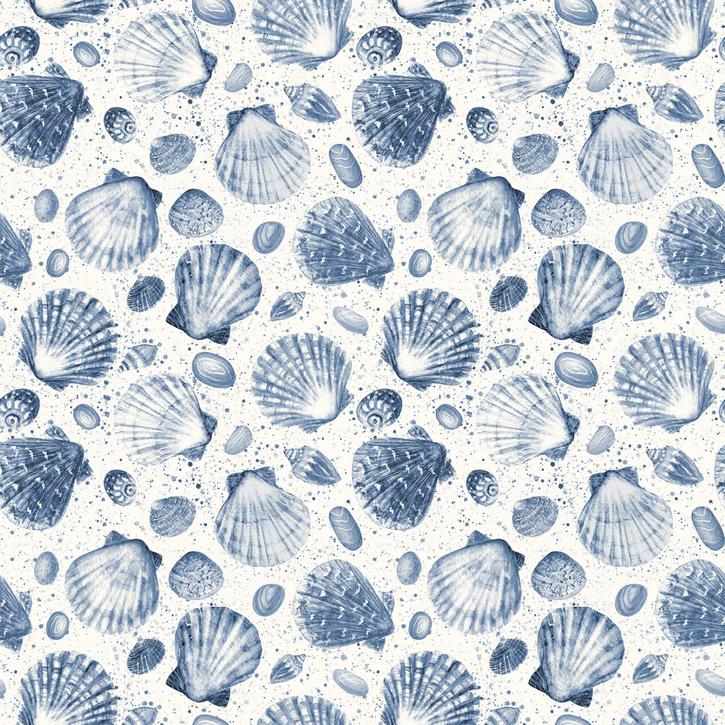 Ocean Keepsakes, peel and stick wallpaper, watercolor shell wallpaper in calming blue tones