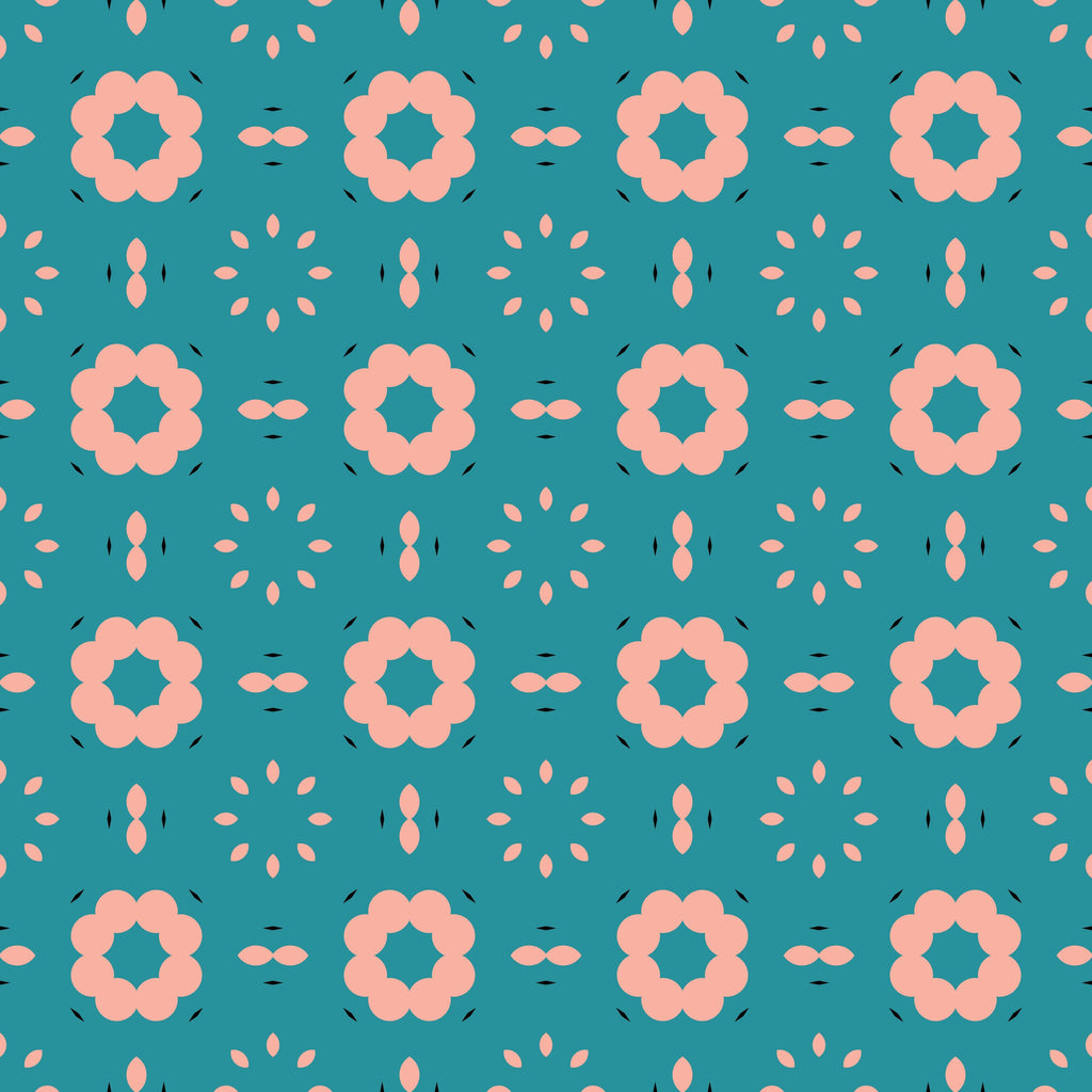 Coral Motif, peel and stick wallpaper, rounded floral shapes repeat in a neat geometric pattern, combining soft coral