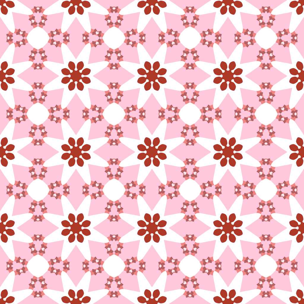 Floral Mosaic, peel and stick wallpaper, repeating floral shapes form a geometric mosaic across a soft pink background
